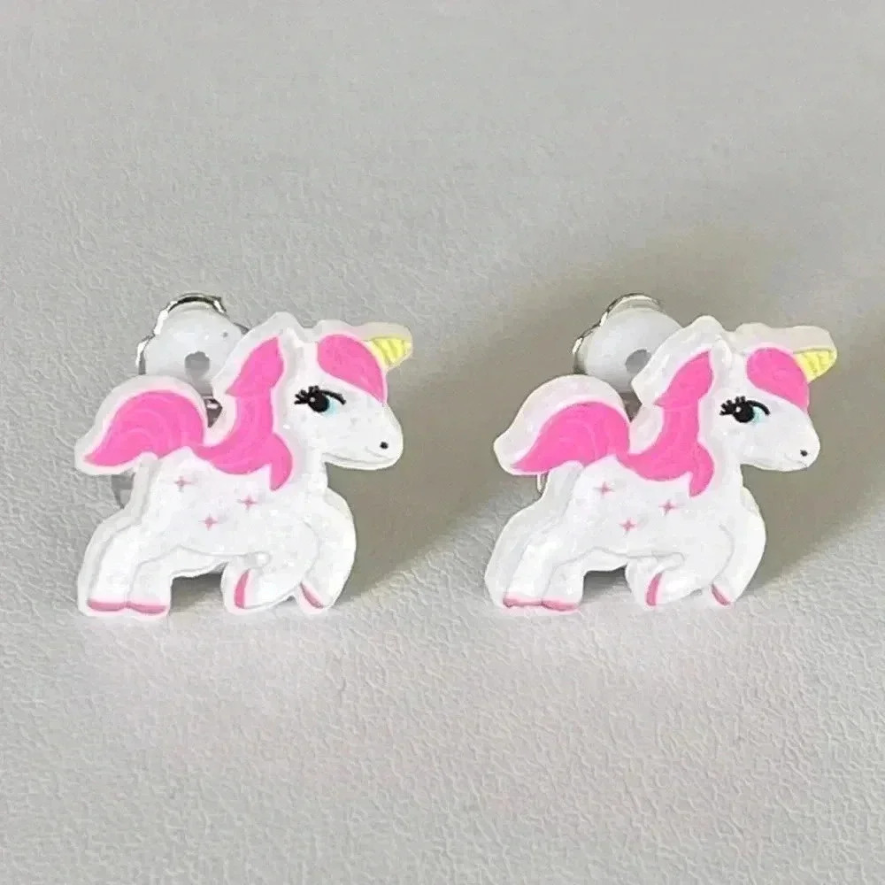 5 Pairs Kids Clip On Earrings Rainbow Koala Seahorse Unicorn Bow Pinwheel - Picture 5 of 7